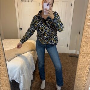 Orvis Navy Floral Fleece Jacket with Yellow & Pink Accents